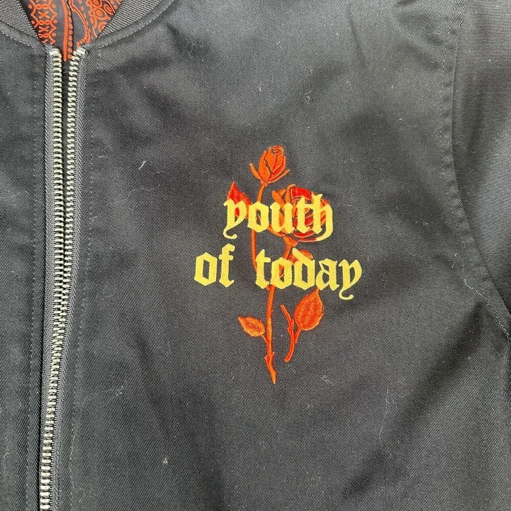 Forever 21 Men’s Youth of Today Black Bomber Jacket - Graphic Print, Size Large